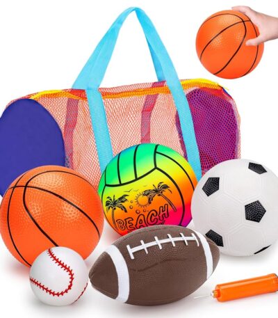5 Pack Sports Balls Set for Kids with Bag Balls for Toddlers 1-3 Football Soccer Basketball Baseball Volleyball Outdoor Toys Sport Bouncy Playground Kickball Hand Pump Outside...