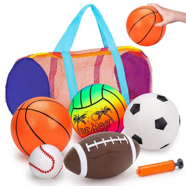 5 Pack Sports Balls Set for Kids with Bag Balls for Toddlers 1-3 Football Soccer Basketball Baseball Volleyball Outdoor Toys Sport Bouncy Playground Kickball Hand Pump Outside...