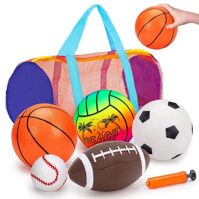 5 Pack Sports Balls Set for Kids with Bag Balls for Toddlers 1-3 Football Soccer Basketball Baseball Volleyball Outdoor Toys Sport Bouncy Playground Kickball Hand Pump Outside...