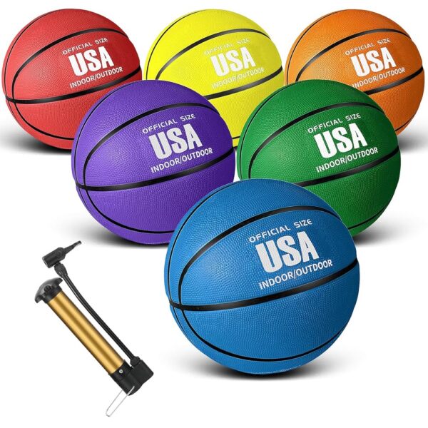 Jenaai 6 Pcs Rubber Basketballs Official Size Bulk Streetballs Multicolor Basket Balls with Pump Plain Basketball Set for Adult Youth Gifts Indoor Outdoor Training Games