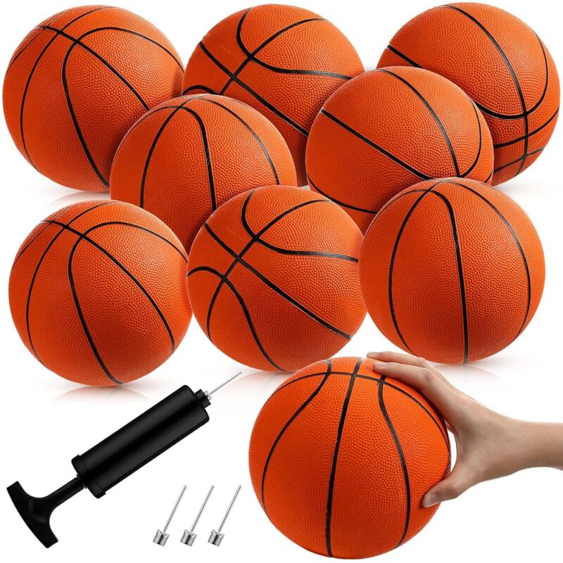 Vinsot 8 Pack Mini Rubber Basketballs Set 7 Inch Mini Hoop Basket Ball with Air Pump for Beginner Basketball Arcade Games Indoor Outdoor Pool Party Favors(Orange)